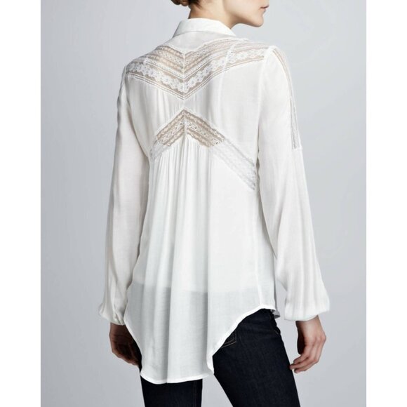 Free People Wild Wind Lace Inset Button Down Blouse, White, Small - Picture 1 of 8